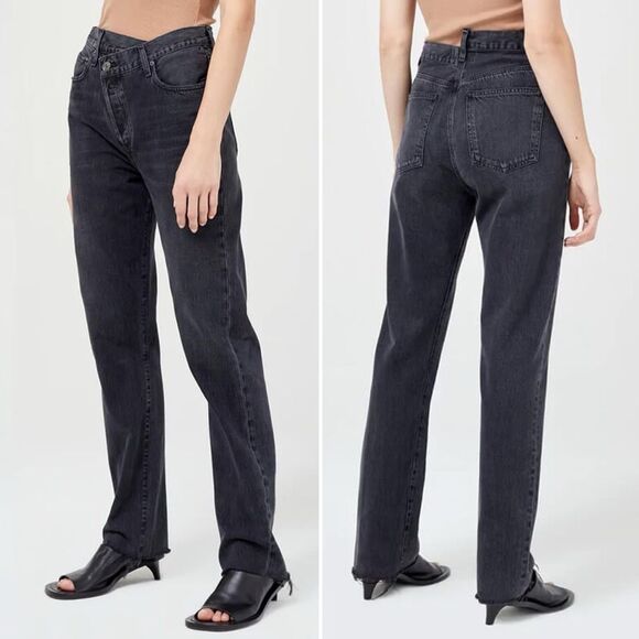 Agolde Criss Cross Straight Jeans in Shambles Black Wash Raw Hem Women’s Size 24 - Picture 16 of 16